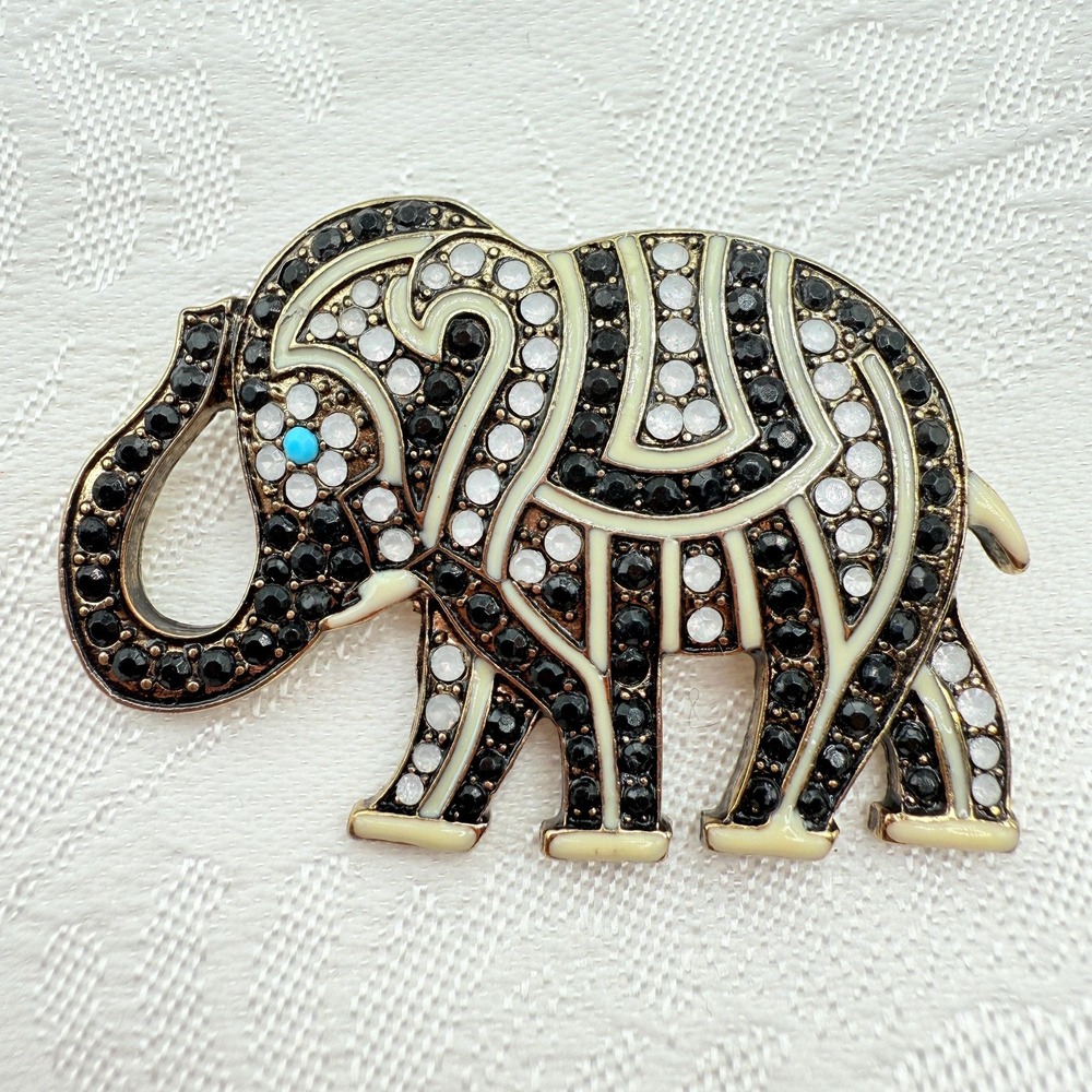 Vintage Bejeweled Elephant Animal Gold Tone Brooch - Picture 1 of 7